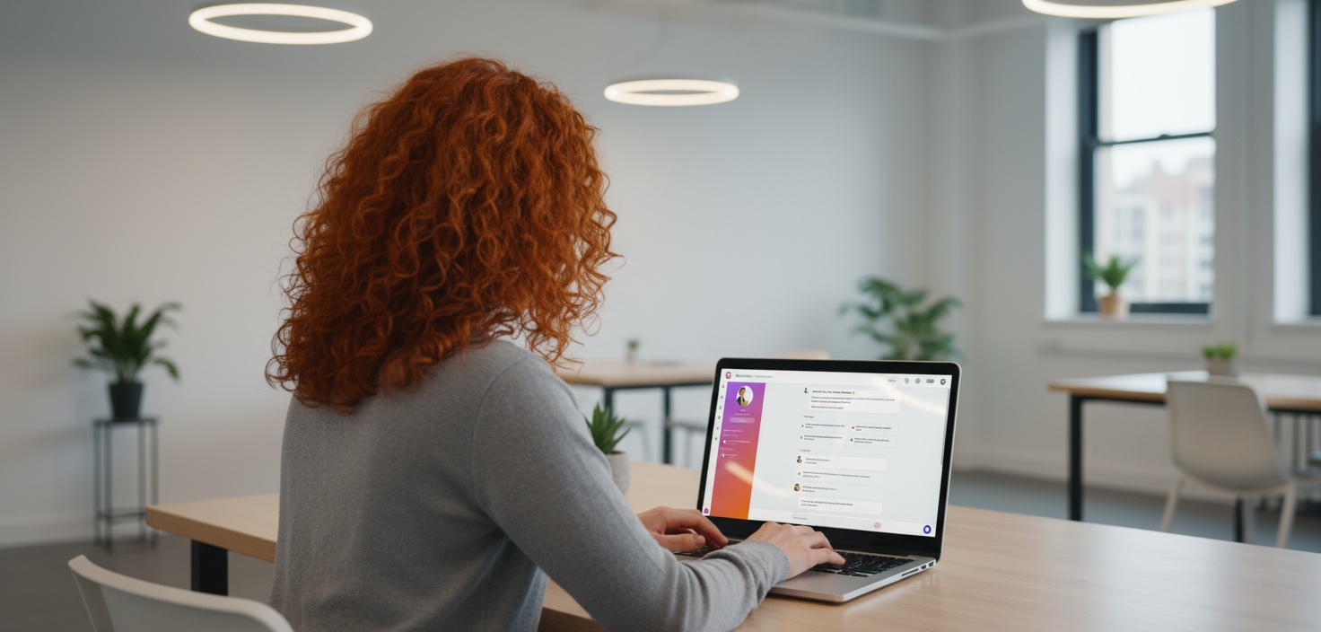 Creator working on a laptop in an office